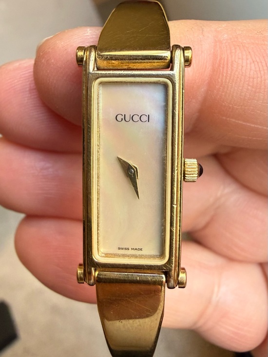 Gucci Accessories - Gucci Gold-Tone Rectangular Mother-of-Pearl Bangle Watch